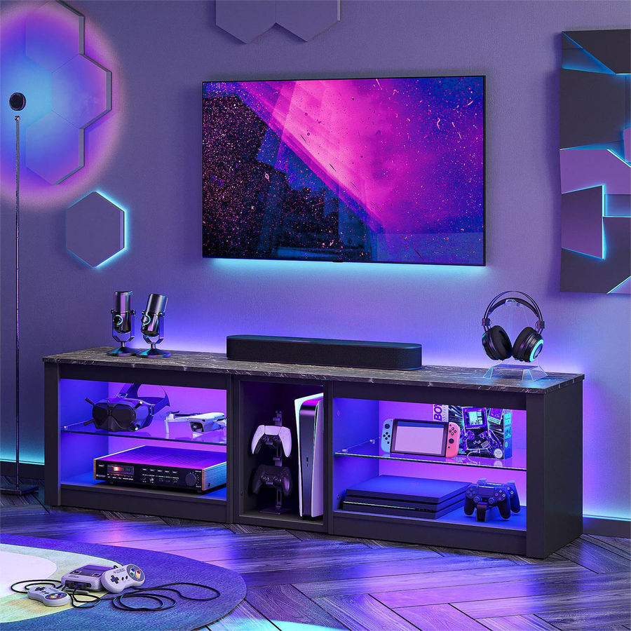 Wade Logan® Brahma 63" TV Stand, Gaming Media console for PS5, LED Entertainment Centre with Glass Shelves & Reviews | Wayfair added by Stephanie Lockett