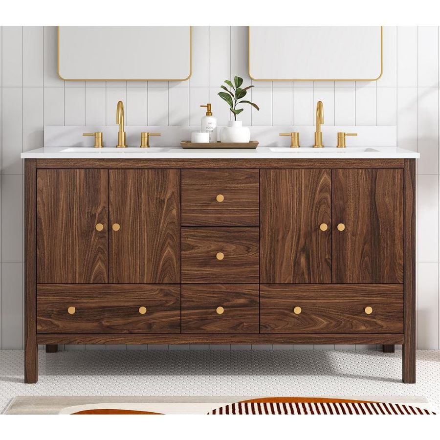 Glacier Bay Rory 60 in W x 20 in D x 35 in H Double Sink Bath Vanity in Walnut With White Engineered Marble Stone Vanity Top 23032-VS60-WA - The Home Depot added by April Meisner