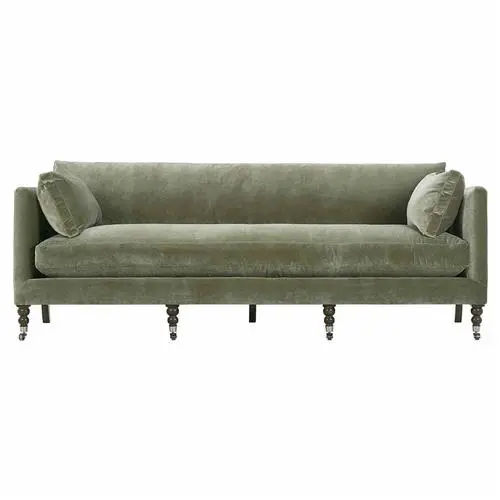 Madeline French Green Upholstered Brown Wood Brass Casters Nailhead Sofa - 90"W added by Kacey Dillier