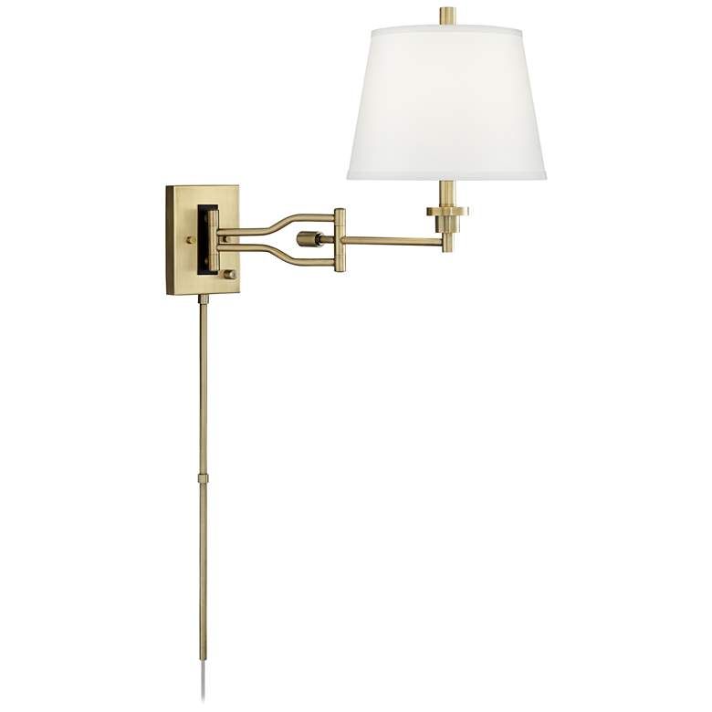 Eleganta Brushed Satin Brass Swing Arm Wall Lamp with Cord Cover - #81K76 | Lamps Plus added by Morgan Van Roekel