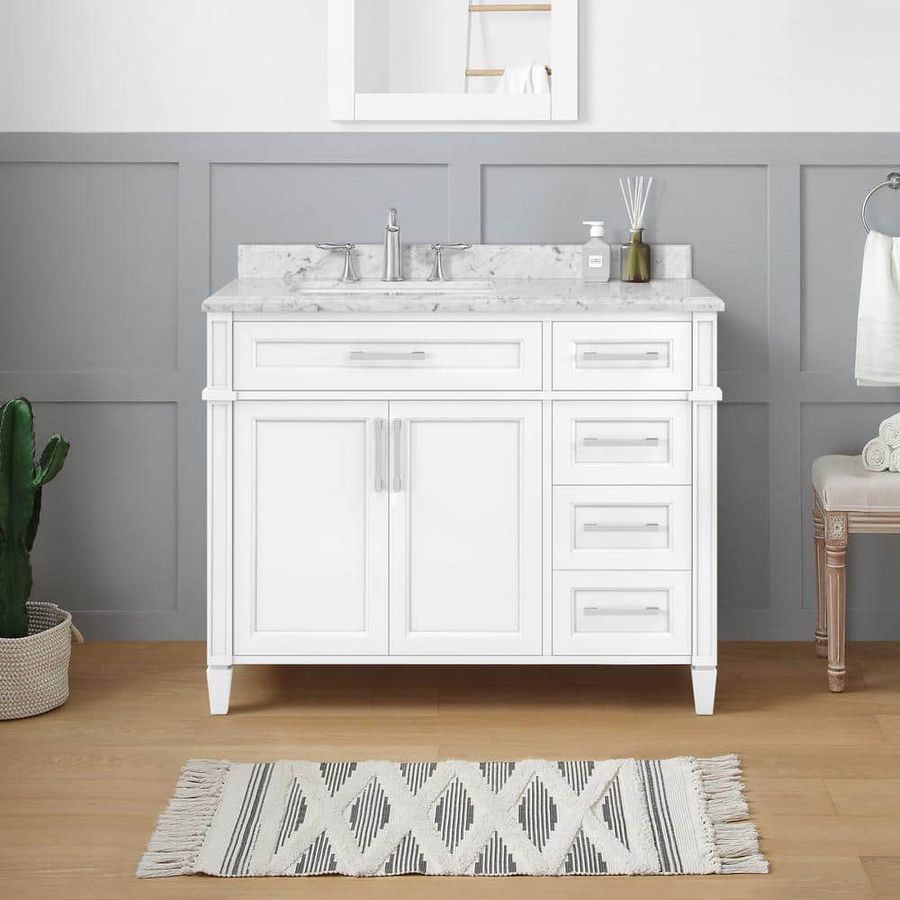Home Decorators Collection Caville 42 in. W x 22 in. D x 34.50 in. H Bath Vanity in White with Carrara Marble Top Caville 42W - The Home Depot added by Spoak Member