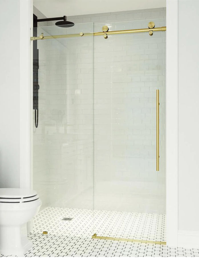 Elan E-Class Sliding Frameless Shower Door, 56 -60 in. W x 76 in. H, Matte Gold added by Kristi Kautz
