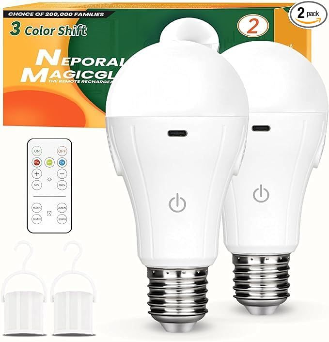 Neporal MagicGlow Rechargeable Light Bulbs with Remote, 3 Colors Shift + Dimmable Battery Powered Light Bulbs, USB Rechargeable, A19 Standard Emergency LED Light Bulbs, 15W, Up to 24 Hours, 2 Pack added by Caitlyn Fitzpatrick