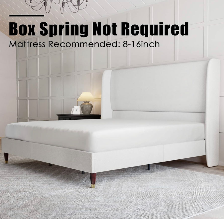 PaPaJet King Platform Bed Frame 51.2" High Headboard Tall Upholstered Bed/No Box Spring Required/Wood Slat Support/Easy Assembly White added by Lauren Reid