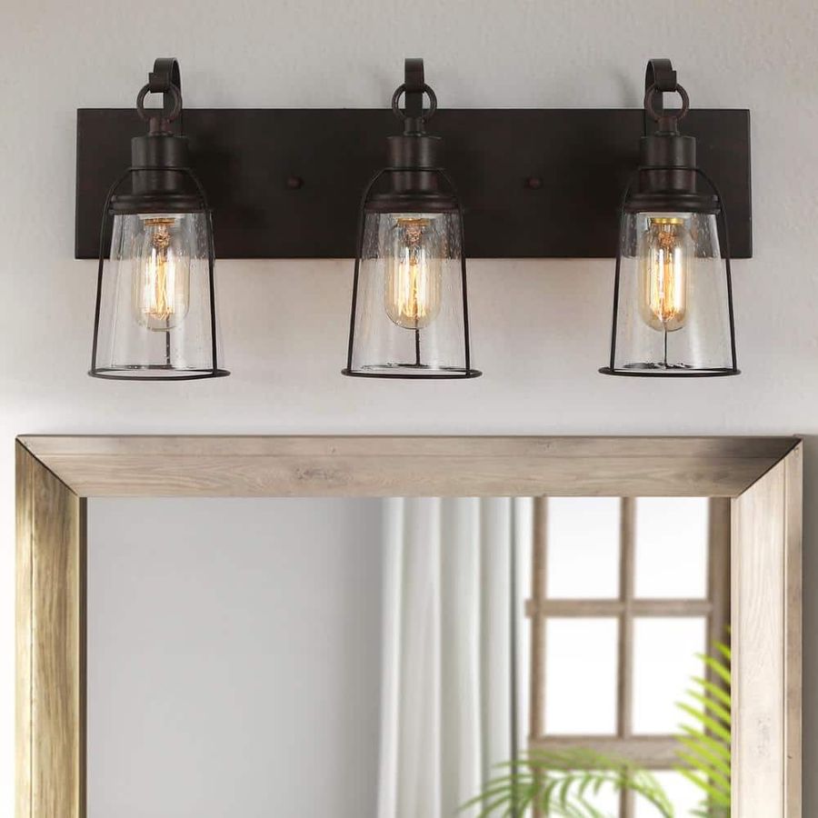 Uolfin Farmhouse Rustic Oil-Rubbed Bronze Vanity Light, 22 in. 3-Light Cage Bathroom Wall Sconce with Seeded Glass Shades 628V7EV7JNB4049 - The Home Depot added by Moriah Hawks