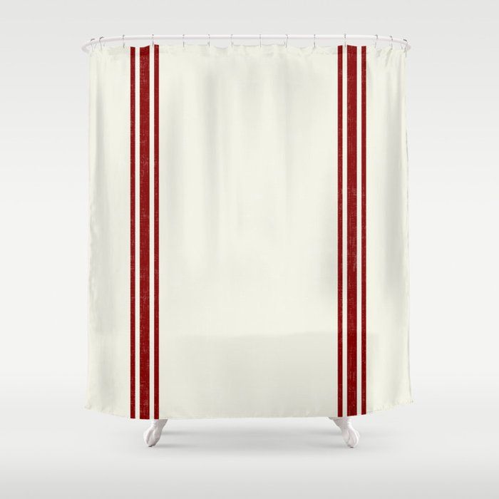 Vintage Country French Grainsack Red Stripes Creme Background Shower Curtain by Mod Shop Around The Corner added by Stephanie Church
