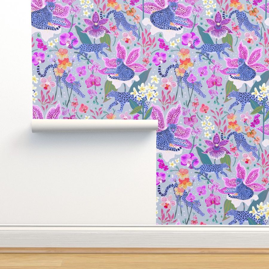 Blue Leopards in an Orchid Garden Wallpaper | Spoonflower added by Bridgette Pickering