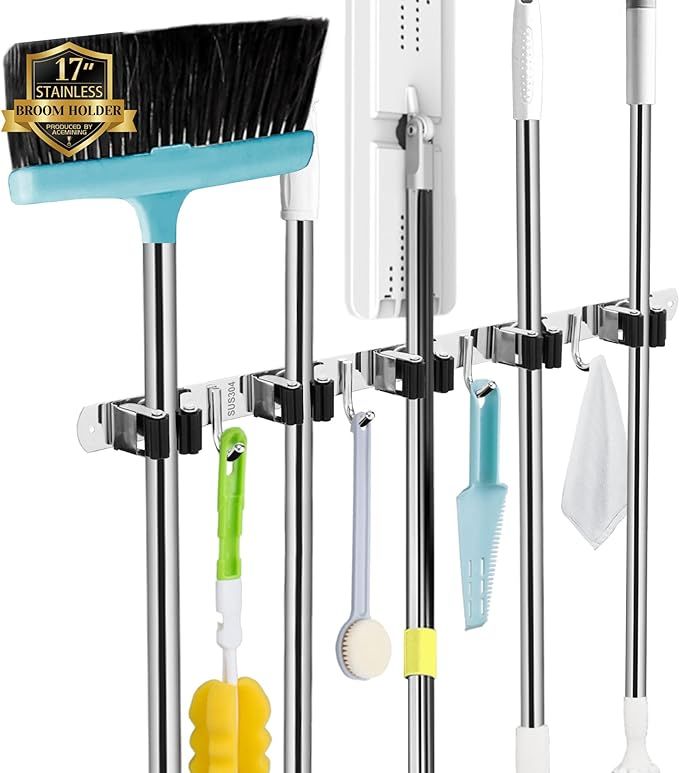 AceMining 5 Racks and 4 Hooks Mop and Broom Holder Wall Mount, Broom Organizer Storage Tool Racks Stainless Steel Heavy Duty Hooks Self Adhesive Solid Non-slip for Home Kitchen Garden Laundry Garage added by Rachel Fedorov