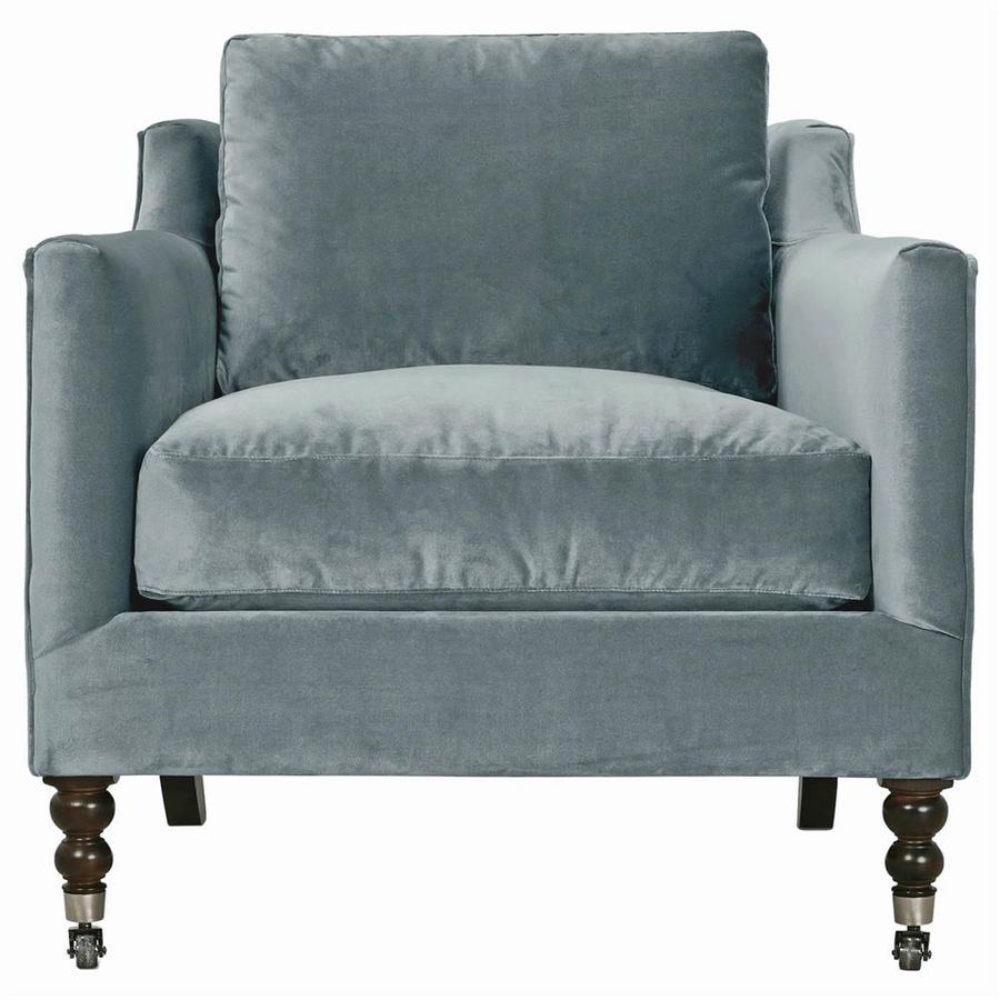 Madeline French Slate Blue Upholstered Brown Wood Pewter Casters Arm Chair added by Kate McKay Designs