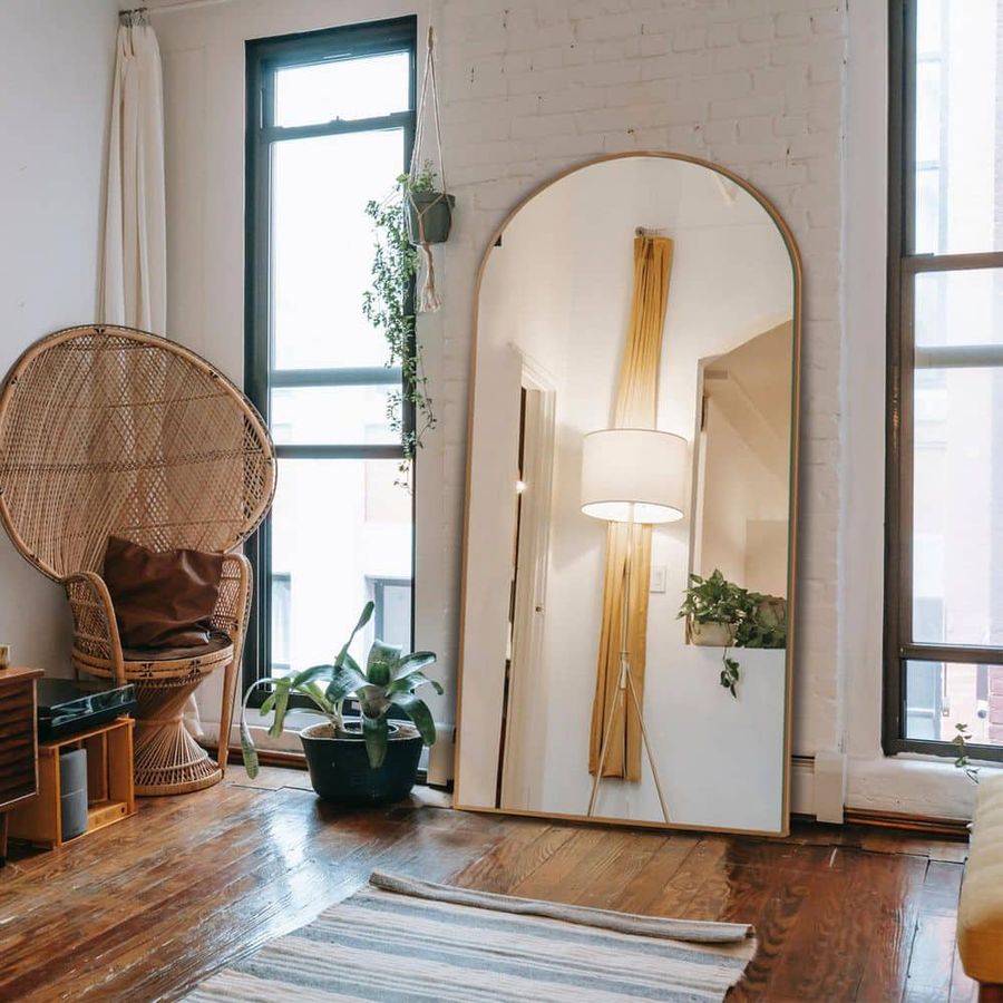Seafuloy 31.5 in. W x 71.5 in. H Large Arch Full Length Gold Wall Mounted/Standing Mirror Floor Mirror HZ-J-G007 - The Home Depot added by HELEN SALGADO