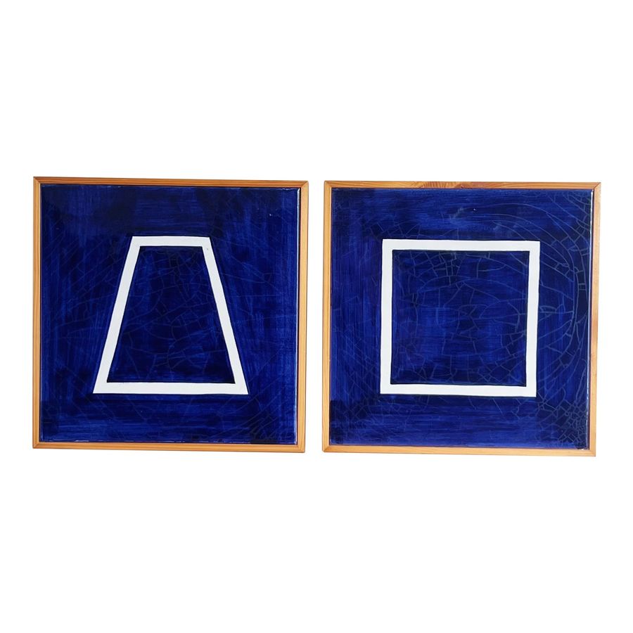 VIntage (1985) Framed Ceramic Tiles Depicting Geometric Figures in Indigo Blue and White by Sol LeWitt, a Pair added by Spoak Member