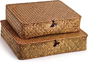 Elsjoy 2 Pack Seagrass Baskets with Lid, Wicker Storage Baskets Flat Rattan Storage Bins, Woven Organizer Baskets for Shelf, Closet, Bedroom added by Tiffany Wells