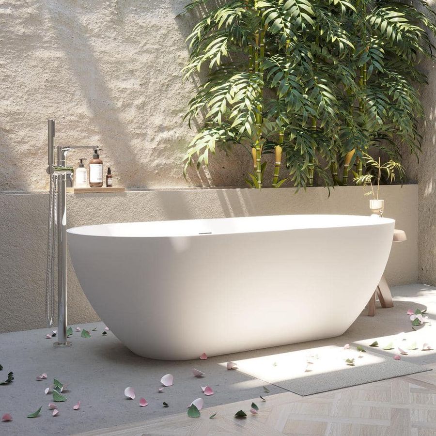Abruzzo 59 in. x 29.5 in. Freestanding Solid Surface Soaking Bathtub with Drain and Overflow in Matte White 22S03-59 - The Home Depot added by Vanessa Tang