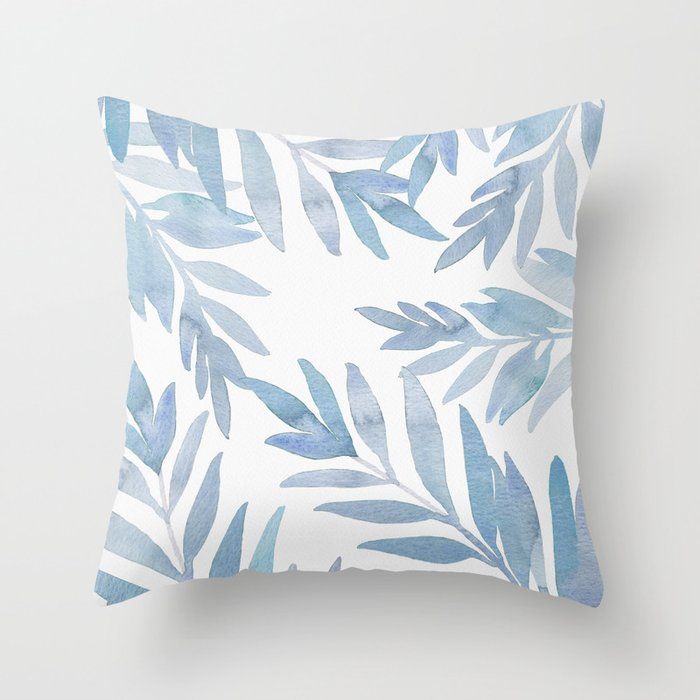 Muted Blue Palm Leaves Throw Pillow by Kristen Laczi Watercolors added by Amanda Manganaro