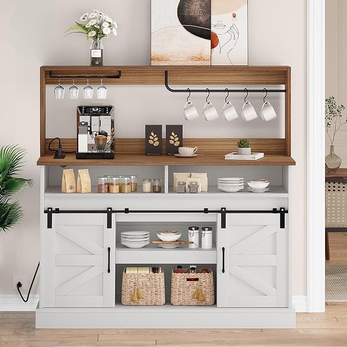 YITAHOME 52" Farmhouse Buffet Cabinet with Storage, Sliding Barn Door, Sideboard Cabinet with Goblet Holder, 5 Hooks and Power Outlets, Coffee Bar Cabinet for Kitchen, Living Room (White) added by Frances Romero