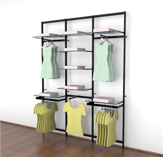 Vertik Wall Mounted Retail Clothing Display Unit for 8 Shelves w/3 Faceoutes, 2 Hanging Rails | 3-Sections - UDIZINE added by kristie efferen