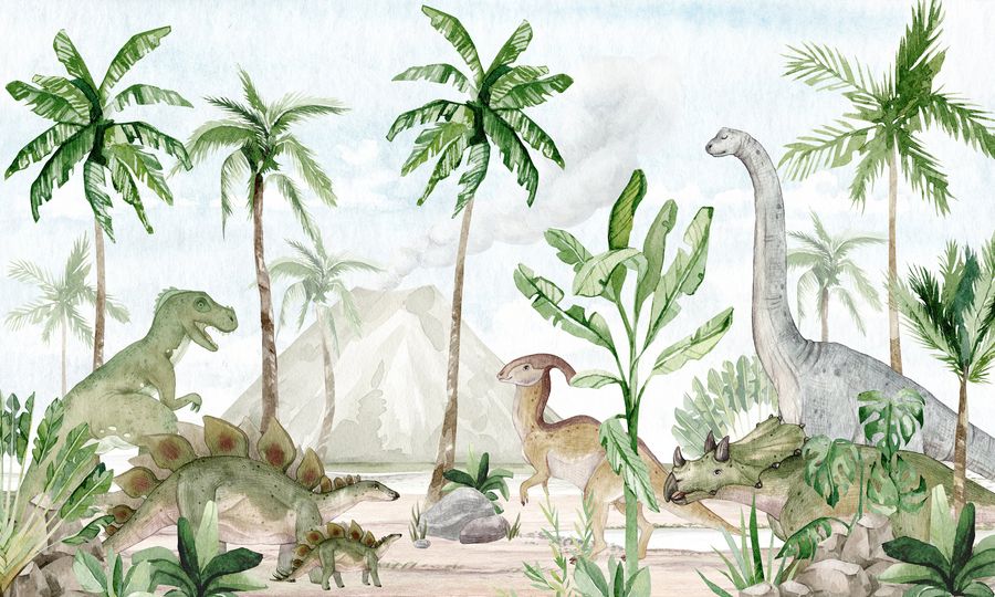 Green Watercolour Dinosaur & Trees Wallpaper Mural | WallpaperMural added by Christina Miller