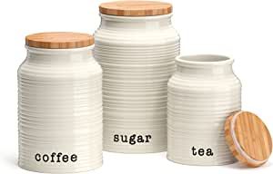 Barnyard Designs Kitchen Canister Set, Airtight Ceramic Containers with Wooden Lids, Coffee, Sugar, and Tea Storage for Kitchen Counter, Rustic Farmhouse Decor, 5.75"H/6.75"H/7.75"H, White, Set of 3 added by Chelsea Alysa