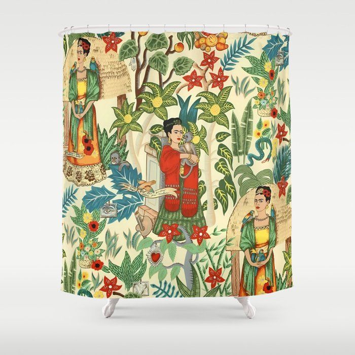 Frida's Coyoacán Mexican Garden of Casa Azul Lush Tropical  floral painting Shower Curtain by Atlantic Coast Arts and Paintings added by Katherine Fawcett