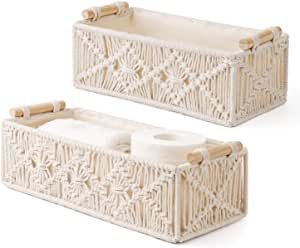 Mkono Macrame Storage Baskets Boho Decor Box Handmade Woven Decorative Countertop Toilet Tank Shelf Cabinet Organizer for Bedroom Nursery Livingroom Home, Set of 2, Ivory added by Jamie Stellato