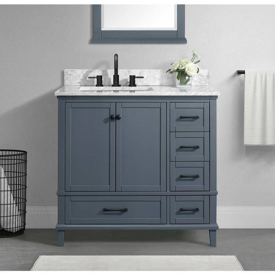 Home Decorators Collection Merryfield 37 in. Single Sink Freestanding Dark Blue-Grey Bath Vanity with White Carrara Marble Top (Assembled) 19112-VS37-DG - The Home Depot added by Morgan Van Roekel