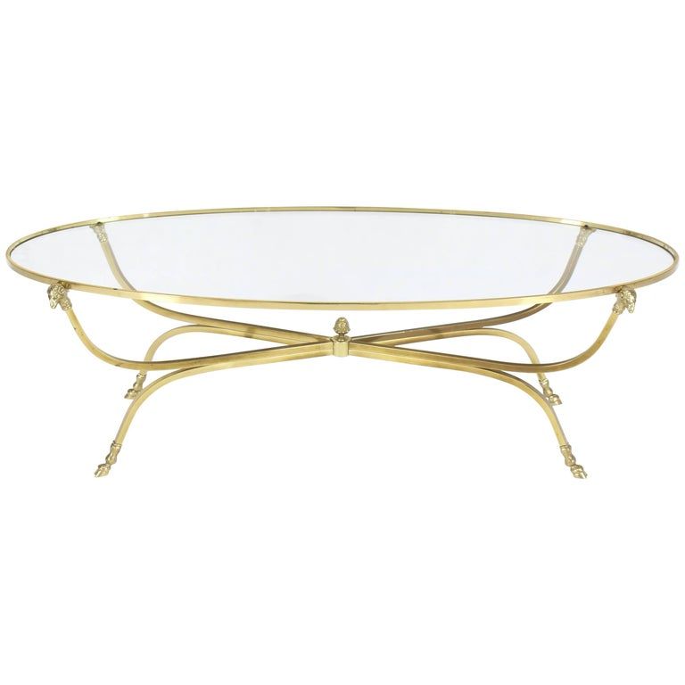 Large Oval Polished Brass Glass Top Coffee Table on Hoof Foot added by Alethia Vitale
