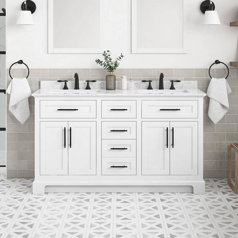 Home Decorators Collection Doveton 60 in. Double Sink Freestanding White Bath Vanity with White Engineered Marble Top (Fully Assembled) Doveton 60W - The Home Depot added by Chelsea Dickson