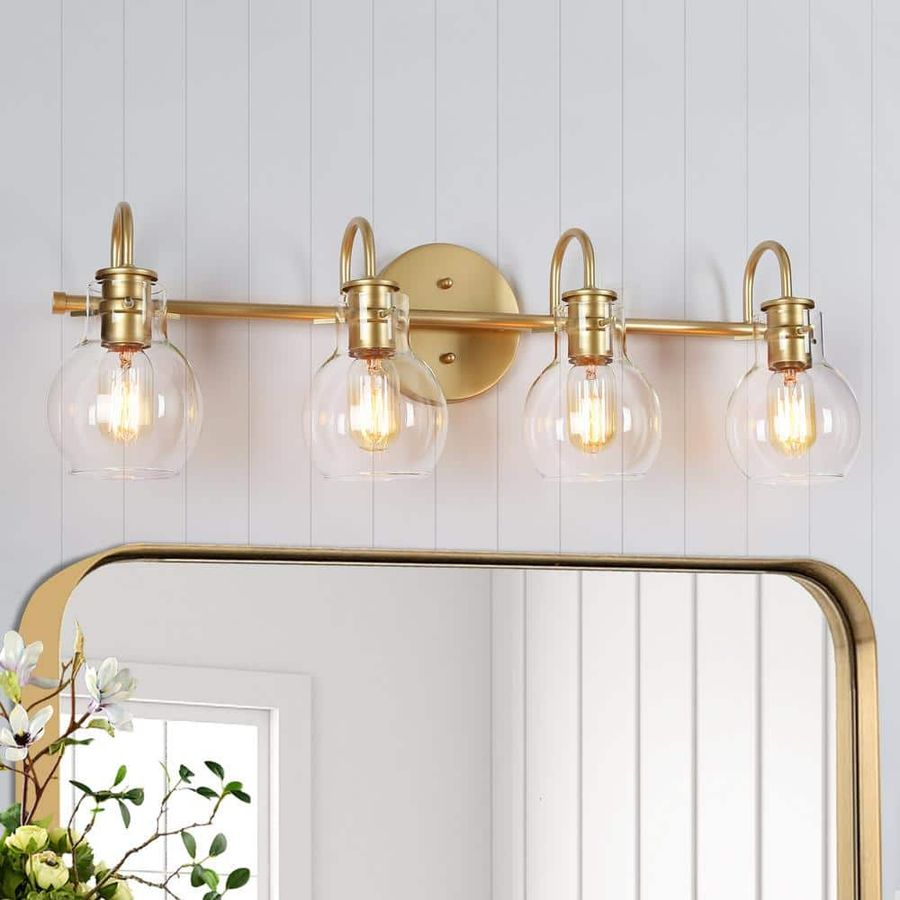 LNC Modern Vanity Light 4-Light Gold 28.5 in. Wall Light with Globe Clear Glass Shades for Bathroom IQZIZZHD14729O7 - The Home Depot added by Kelly Edwards