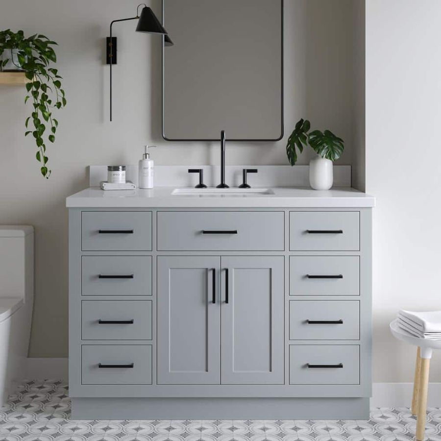 ARIEL Hepburn 49 in. W x 22 in. D x 36 in. H Bath Vanity in Grey with White Pure Quartz Vanity Top with White Basin T049SWQRVOGRY - The Home Depot added by Holly Kamstra