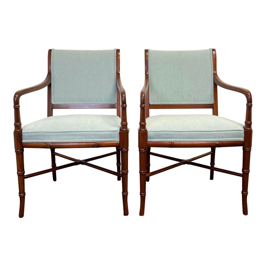 Pair Faux Bamboo Tapered Horn Shape Legs Arm Fireside Chairs Solid Walnut Frames added by Jennifer Hickey