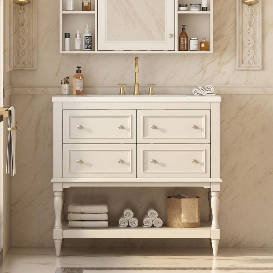 Staykiwi 36 in. W x 18 in. D x 34 in. H Single Sink Freestanding Bath Vanity in Beige with White Cultured Marble Top SKMRSBV32-36BEG - The Home Depot added by Victoria Wootton