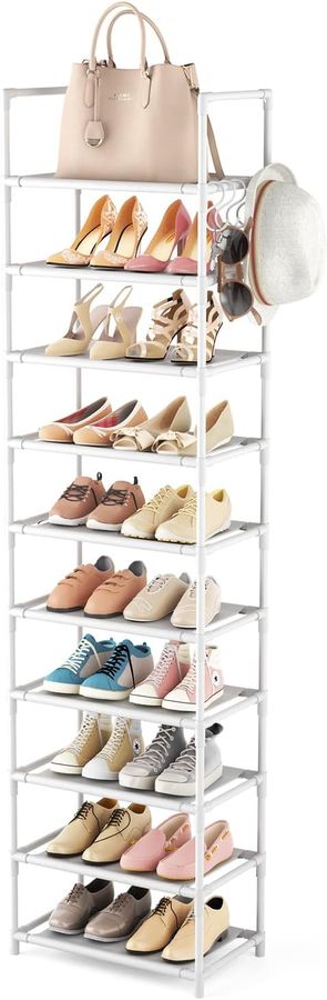10 Tiers Tall Shoe Rack 20-25 Pairs Boots Organizer Storage Sturdy Narrow Shoe Shelf for Entryway, Closets with Hooks, White added by Sabouri Interiors