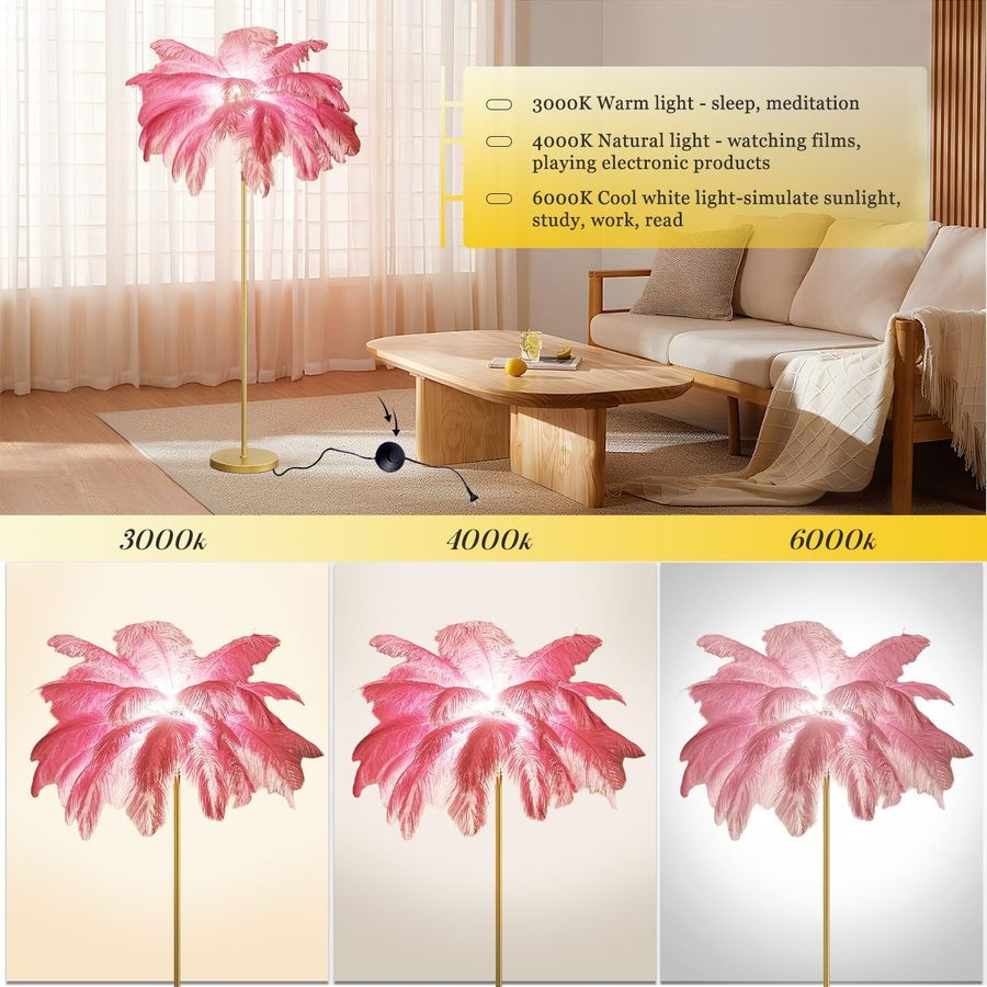 Natural Ostrich Feather Floor Lamp,Modern Eye Protection Reading Light Atmosphere Feather Lamp Standing Lamps for Bedroom,3 Colors Dimmable with Foot Switch for Living Room Decoration Lamp (pink) added by sallie tyler