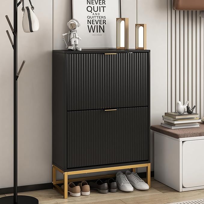 Lisicues Shoe Cabinet Storage for Entryway, Modern Slim Shoe Organizer, Tipping Shoe Cabinet with 2 Flip Drawers Fluted Panel, Narrow Shoe Rack for Living Room (Black) added by Joyela Valentine