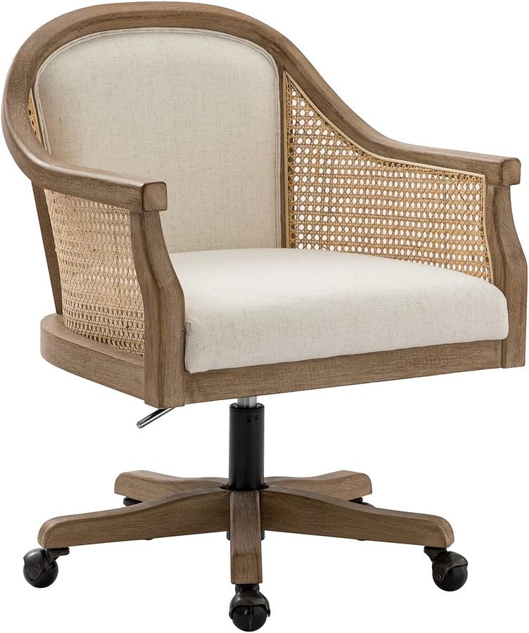 HULALA HOME Rattan Desk Chair, Upholstered Home Office Chair, Vintage Office Chair with Armrest, Adjustable Swivel Rolling Height Task Chair for Living Room Bedroom Study Room, Ivory added by KATHERINE ECK