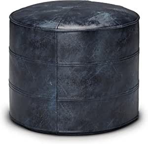 SIMPLIHOME Connor Boho Round Pouf in Distressed Navy Blue Leather, Footstool, Footrest, Upholstered, for the Living Room, Family Room added by HELEN SALGADO