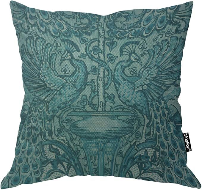 Throw Pillow Cover Peacock 18x18 Inch Mascot Animal Totem Victorian Flowers Lucky Teal Blue Square Pillow Case Cushion Cover for Home Car Decorative Cotton Linen added by SABi iNTERIORS
