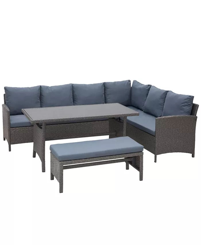 Outsunny 4 Pieces Patio Wicker Dining Sets, Outdoor PE Rattan Sectional Conversation Set with Cushions & Dining Table, Bench for Garden, Backyard, Lawn, Grey added by Katie Hoffman