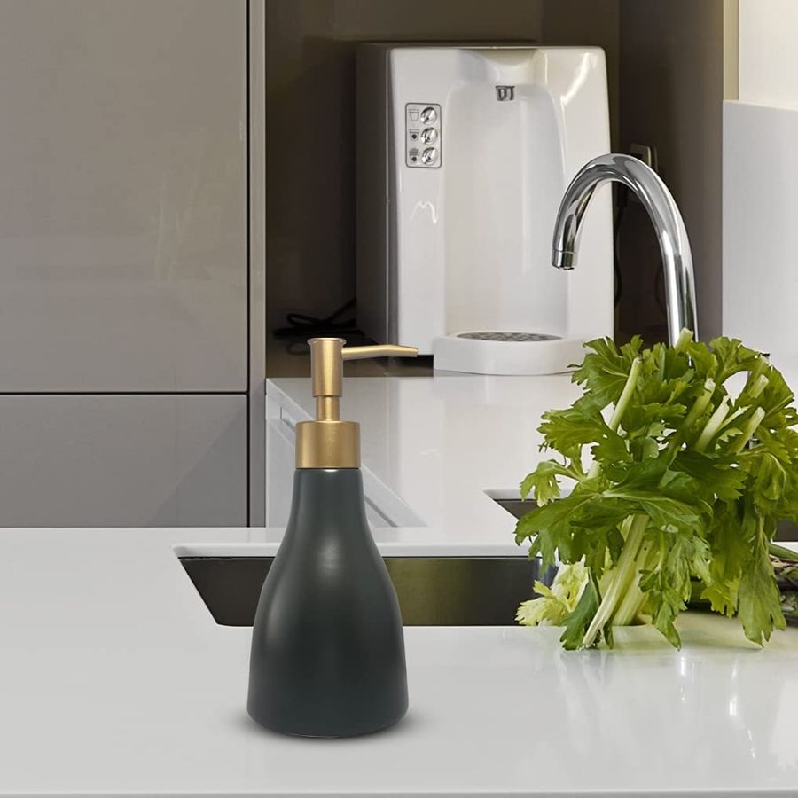 280ml Liquid Soap Dispenser for Bathroom with Gold Pump，Dish Soap Dispenser for Kitchen Sink，Refillable Countertop Lotion Ceramics Black Hand Soap Dispenser for Shower (Cone Black Bottle) added by Amber Verduzco