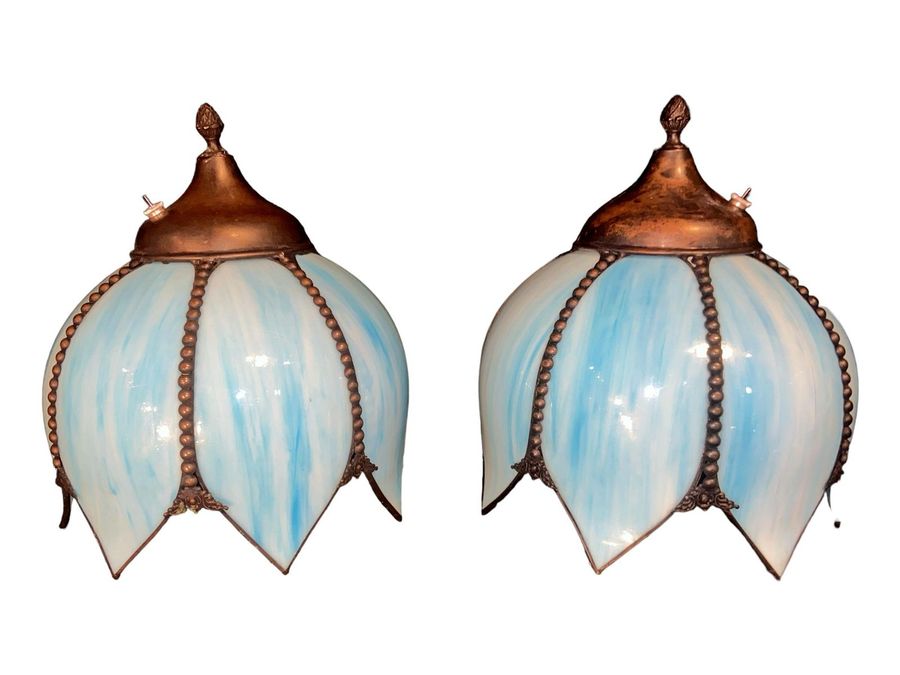 Pair Blue Tulip Stained Glass Sconces (#0162) on Nov 27, 2022 | Rivich Auction in IL added by Spoak Member