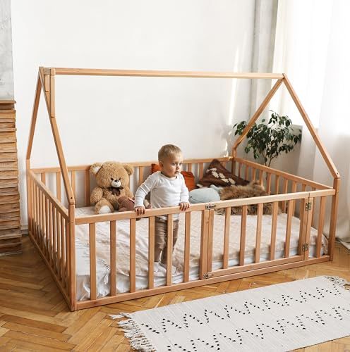 BUSYWOOD Toddler Floor Bed - Bed Rail for Toddlers - Montessori Bed Rail - Wooden Kid Bed - Montessori Fence Play Area - Montessori Platform Bed Frame (Model 17) added by nina selby