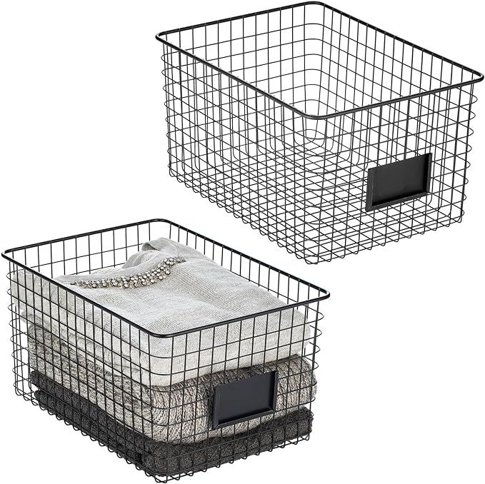 mDesign Large Metal Farmhouse Storage Organizer Bin Baskets with Label Slot for Closet, Cabinet, Cupboard - Wire Organizing Basket Holds Clothing, Linens, Shoes, Omaha Collection, 2 Pack, Matte Black added by Rachel Fedorov