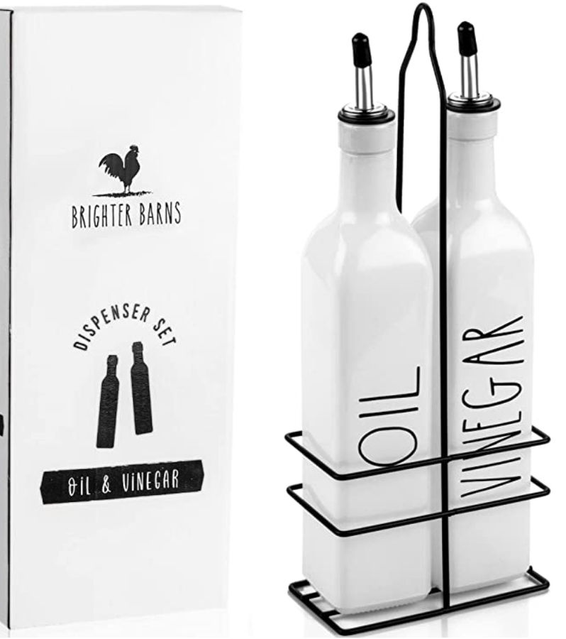 Brighter Barns Farmhouse Oil and Vinegar Dispenser Set White Olive Oil Dispenser Bottle with Caddy Holder and Stainless Steel Spout - Cute Modern Vintage Glass Cruet for Kitchen - 500 ml / 17 oz added by Natalie Caddell