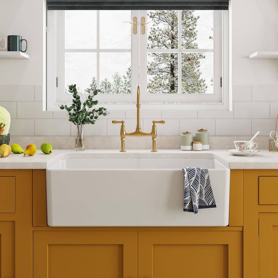 HOROW White Fireclay 33 in. L x 18 in. W Rectangular Single Bowl Farmhouse Apron Kitchen Sink with Grid and Strainer HR-F3318S - The Home Depot added by Jayme Weaver