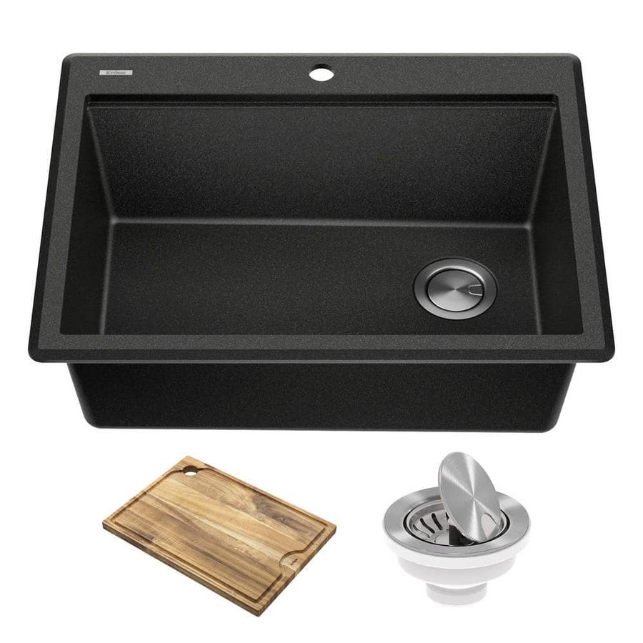 KRAUS Bellucci Metallic Black Granite Composite 28 in. Single Bowl Drop-In Workstation Kitchen Sink with Accessories KGTW12-28MBL - The Home Depot added by Ella Cooper