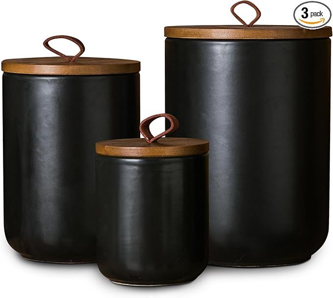 Black Ceramic Canister Set with Wooden Lid, 3-Piece Airtight Food Storage Jars for Kitchen Counter - Flour, Sugar, Coffee, Tea, Spice - Small, Medium, Large Sizes added by Rachel Fedorov