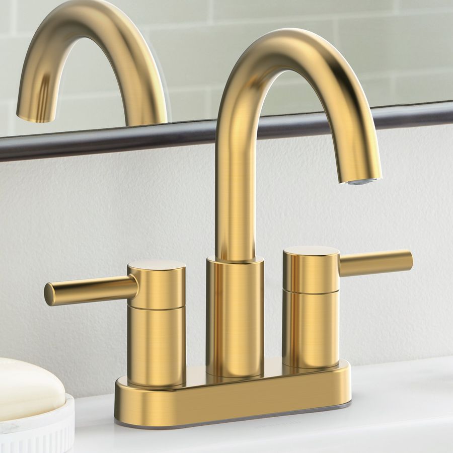 allen + roth Harlow Brushed Gold 4-in centerset 2-handle WaterSense Low-arc Residential Handle Bathroom Sink Faucet with Drain with Deck Plate added by Cailey Gulinson