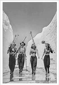 Vintage Ski World Babes, Sun, Snow and Skiing, 1940s Ski Photo Poster Lodge Decor Wall Art, Black & White - 11 x 14 in. Available in 2 Sizes and Sepia added by sallie tyler