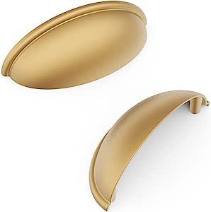 Hickory Hardware 10 Pack Kitchen Cabinet Handles, Cup Drawer Pulls for Doors & Dresser Drawers, Hardware for Bathroom, 3 Inch Hole Center, Brushed Brass, Essentials Collection added by Rim Berradi