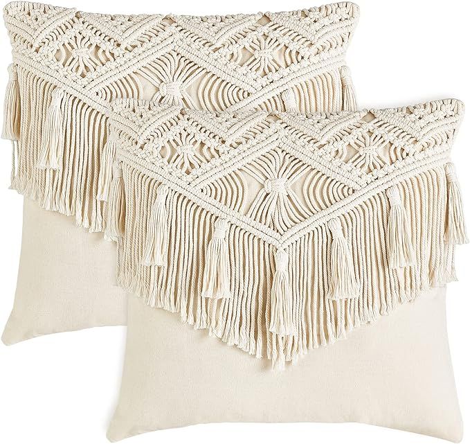 Mkono Boho Throw Pillow Covers, Macrame Square Pillow Cases with Tassels for Bed Sofa Bench Car Stylish Cushion Room Decor, Christmas New Year Gifts, Set of 2 Decorative Cushion Cover (17"x17") added by Samantha Philistine